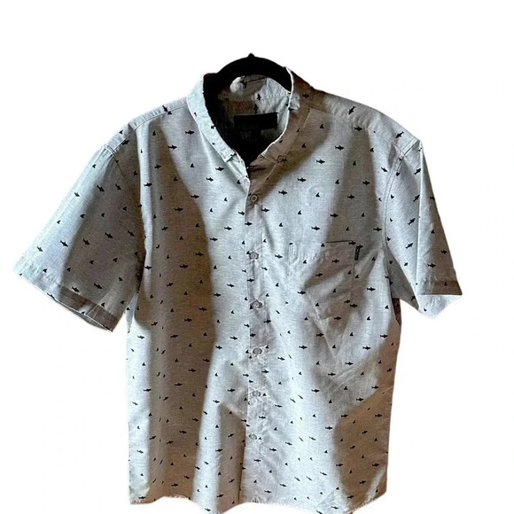 Molokai surf co XL men’s shark button down. Grey with black sharks. Worn twice. - Picture 1 of 9